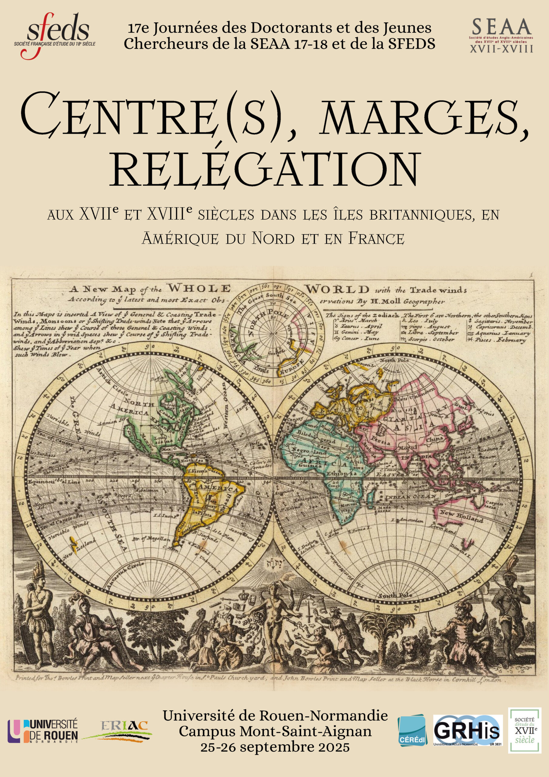 Affiche des journées "Centre(s), marges, relégation aux XVIIe et XVIIIe siècles dans les îles britanniques, en Amérique du Nord et en France"