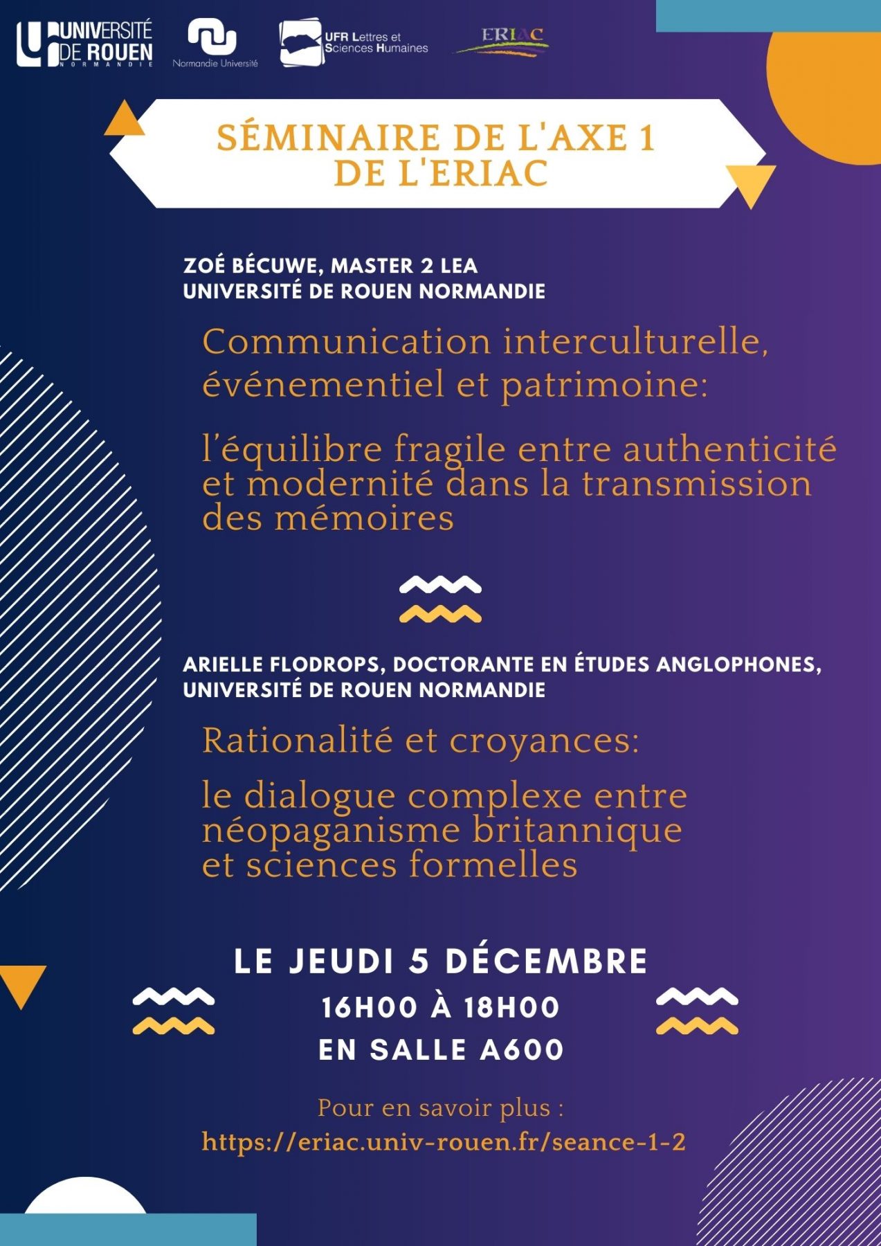 Affiche du séminaire Séance 1 "Communication interculturelle, événementiel et patrimoine : l’équilibre fragile entre authenticité et modernité dans la transmission des mémoires "