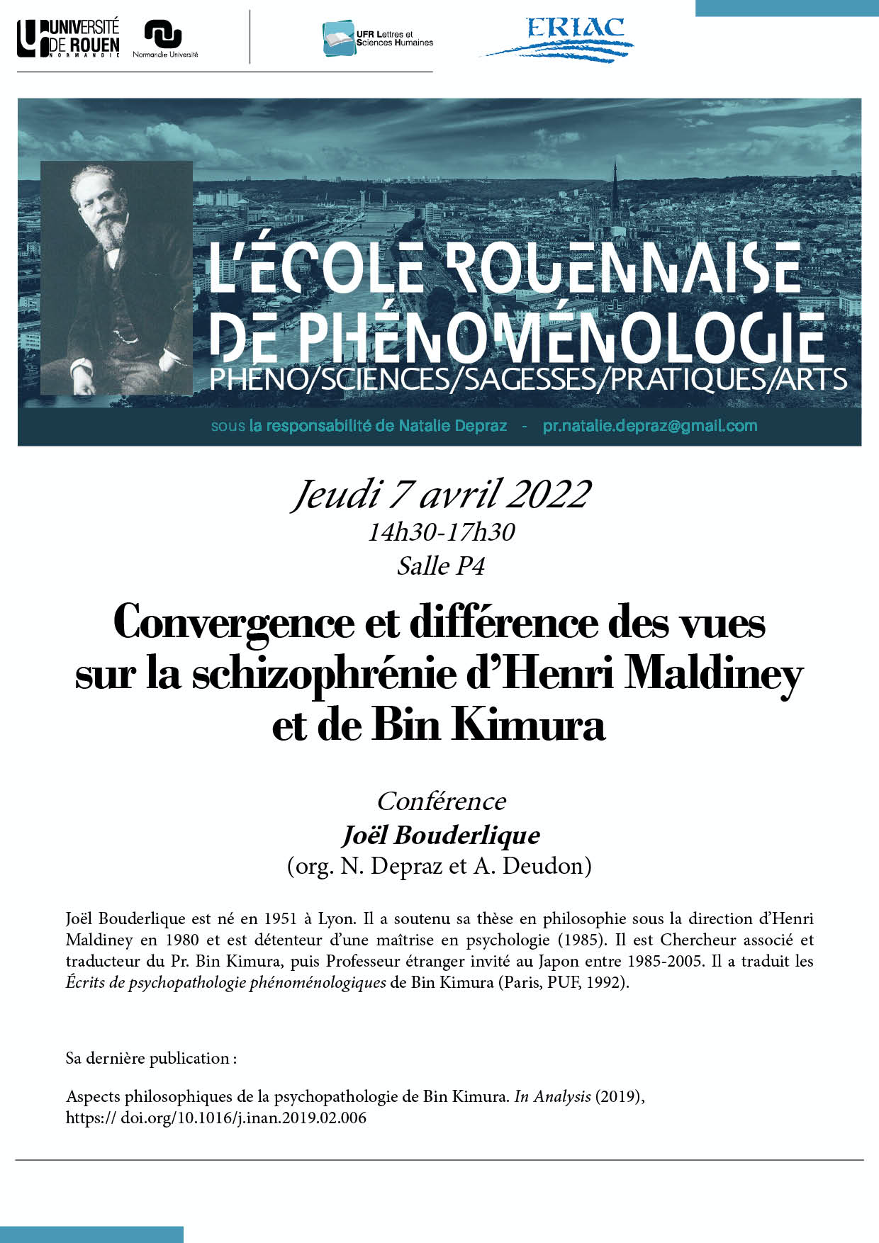 Affiche de la conférence "Convergence et différence des vues sur la schizophrénie d’Henri Maldiney et de Bin Kimura"