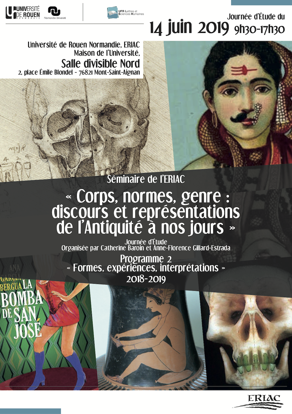 Affiche de la journée d'étude "Corps, normes, genre : discours et représentations de l’Antiquité à nos jours"