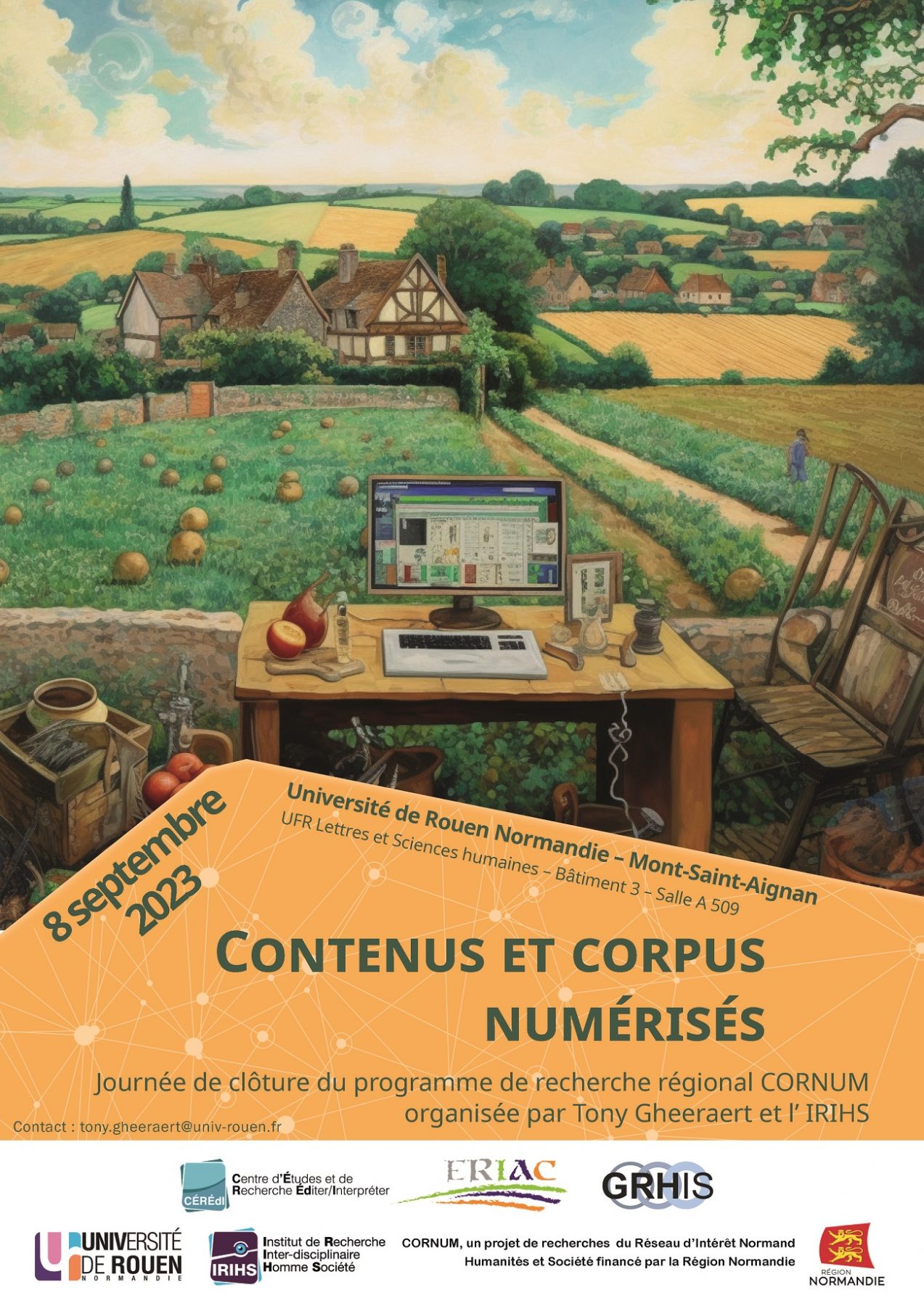 Affiche de la journée d'étude "Contenus et corpus numérisés. Journée de clôture du programme de recherche régional CORNUM"