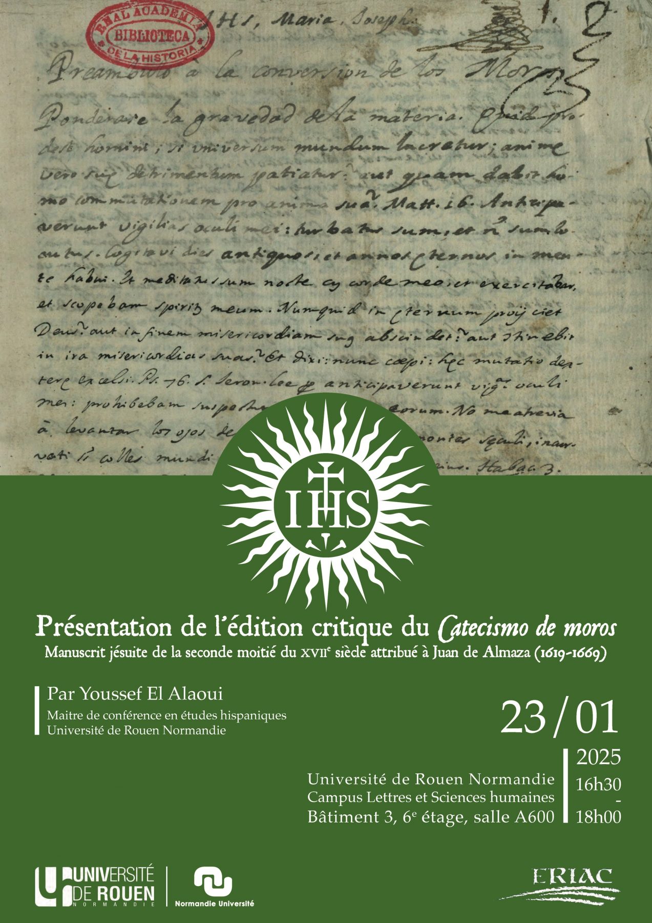 Affiche du séminaire "Présentation de l’édition critique du Catecismo de moros : manuscrit jésuite de la seconde moitié du XVIIe siècle attribué à Juan de Almaza (1619-1669)"
