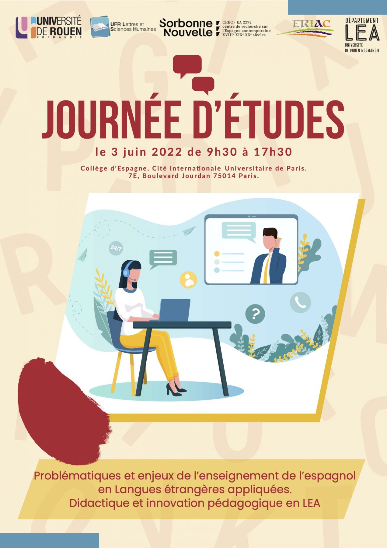 Affiche de la journée d'étude "Problématiques et enjeux de l’enseignement de l’espagnol en filière LEA : La didactique de l’espagnol dans la filière de Langue Étrangère Appliquée"
