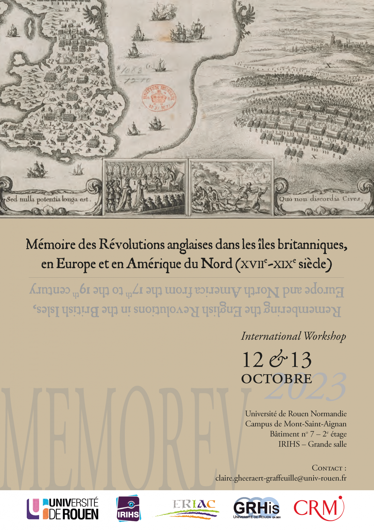 Affiche du Workshop "International Workshop « Mémoire des Révolutions anglaises dans les îles britanniques, en Europe et en Amérique du Nord (XVIIe-XIXe siècle) – MEMOREV »"