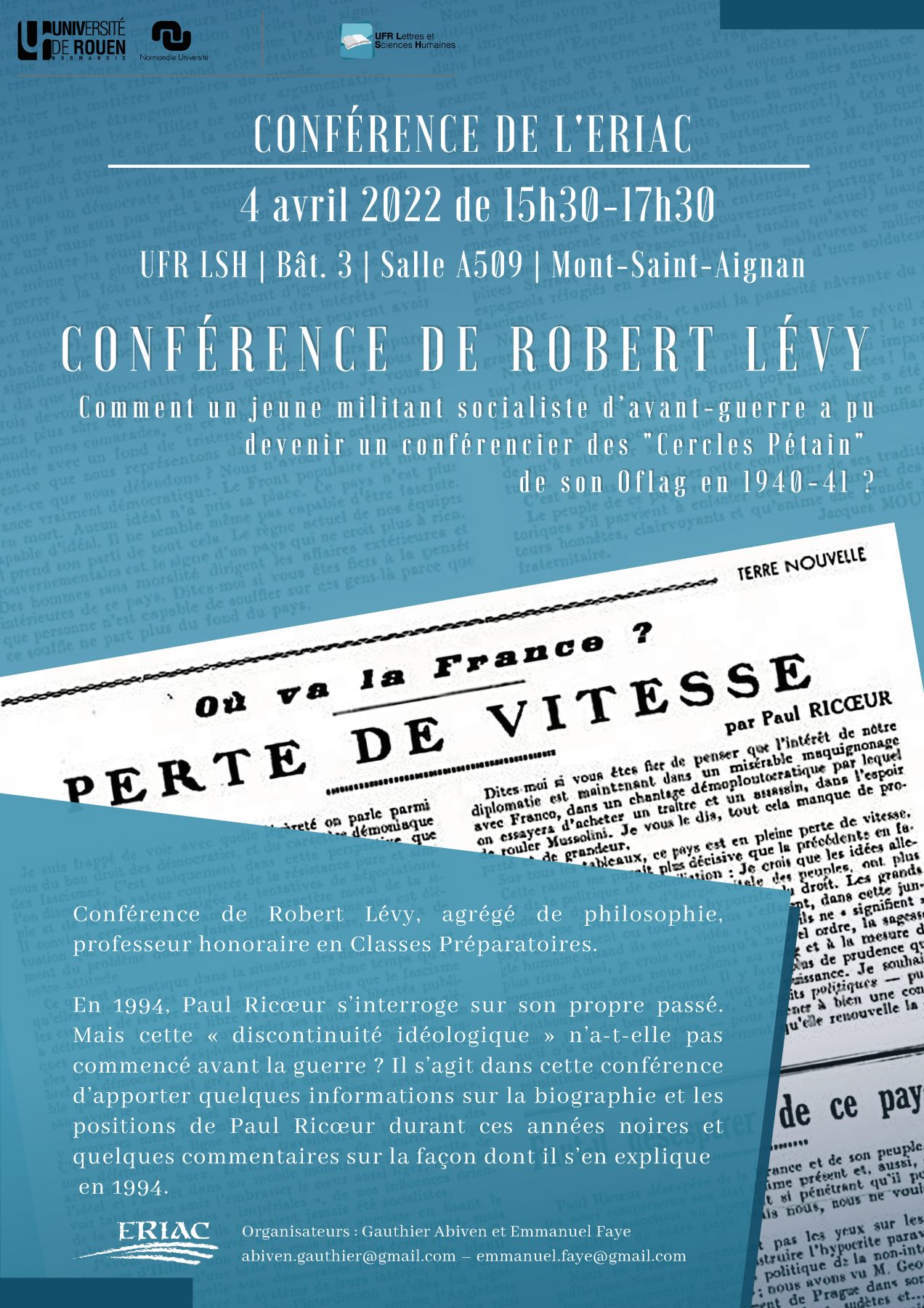 Affiche du séminaire "Comment un jeune militant socialiste d’avant-guerre a pu devenir un conférencier des « Cercles Pétain » de son Oflag en 1940-41 ?"