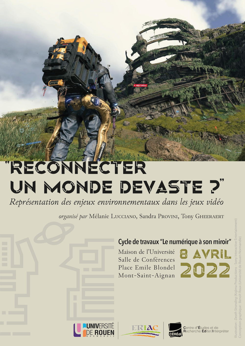 Affiche de la journée d'étude "Reconnecter un monde dévasté ? Représentation des enjeux environnementaux dans les jeux vidéo"