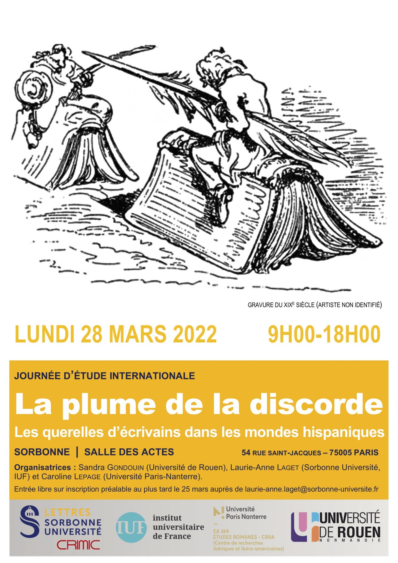 Affiche de la journée d'étude "La plume de la discorde. Les querelles d’écrivains dans les mondes hispaniques"