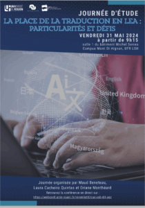 Affiche de la journée d'étude "La place de la traduction en LEA : particularités et défis"