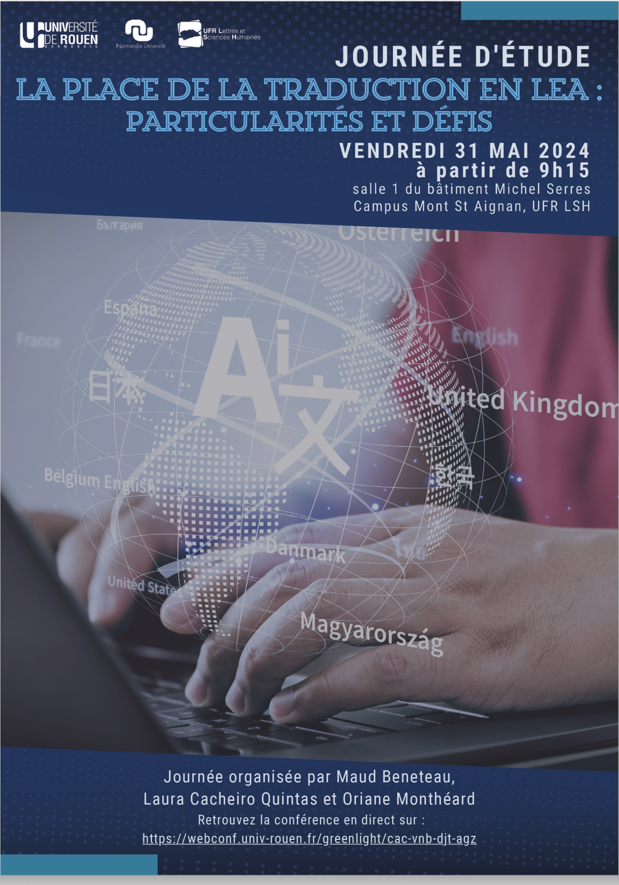 Affiche de la journée d'étude "La place de la traduction en LEA : particularités et défis"