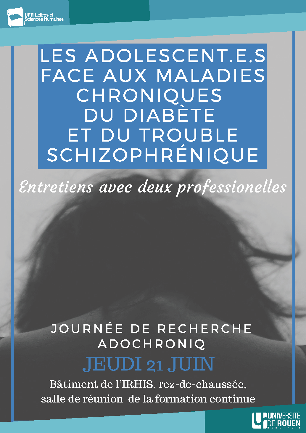 Affiche de la journée d'étude "Les adolescent.e.s face aux maladies chroniques du diabète et du trouble schizophrénique"