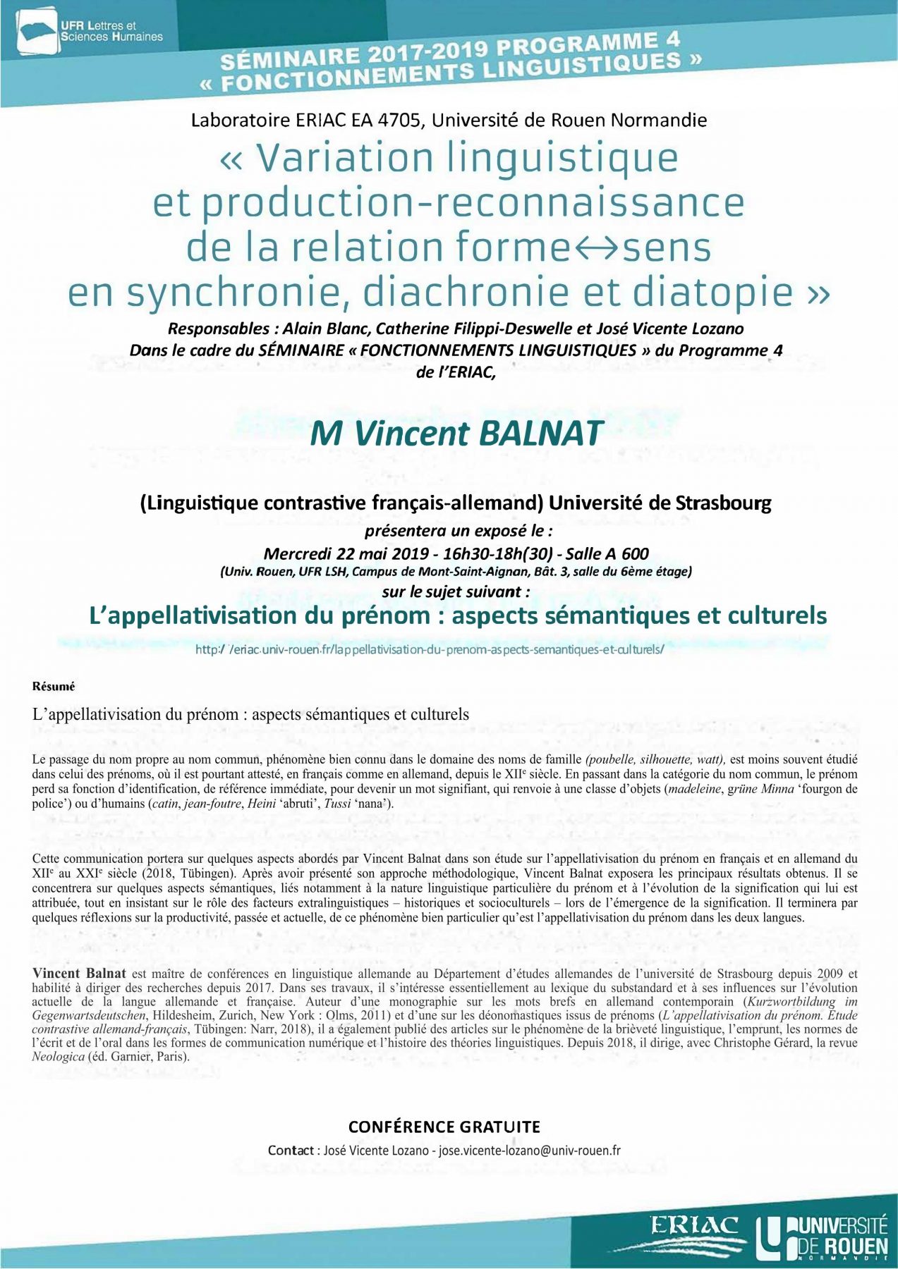 Affiche du séminaire "L’appellativisation du prénom : aspects sémantiques et culturels "