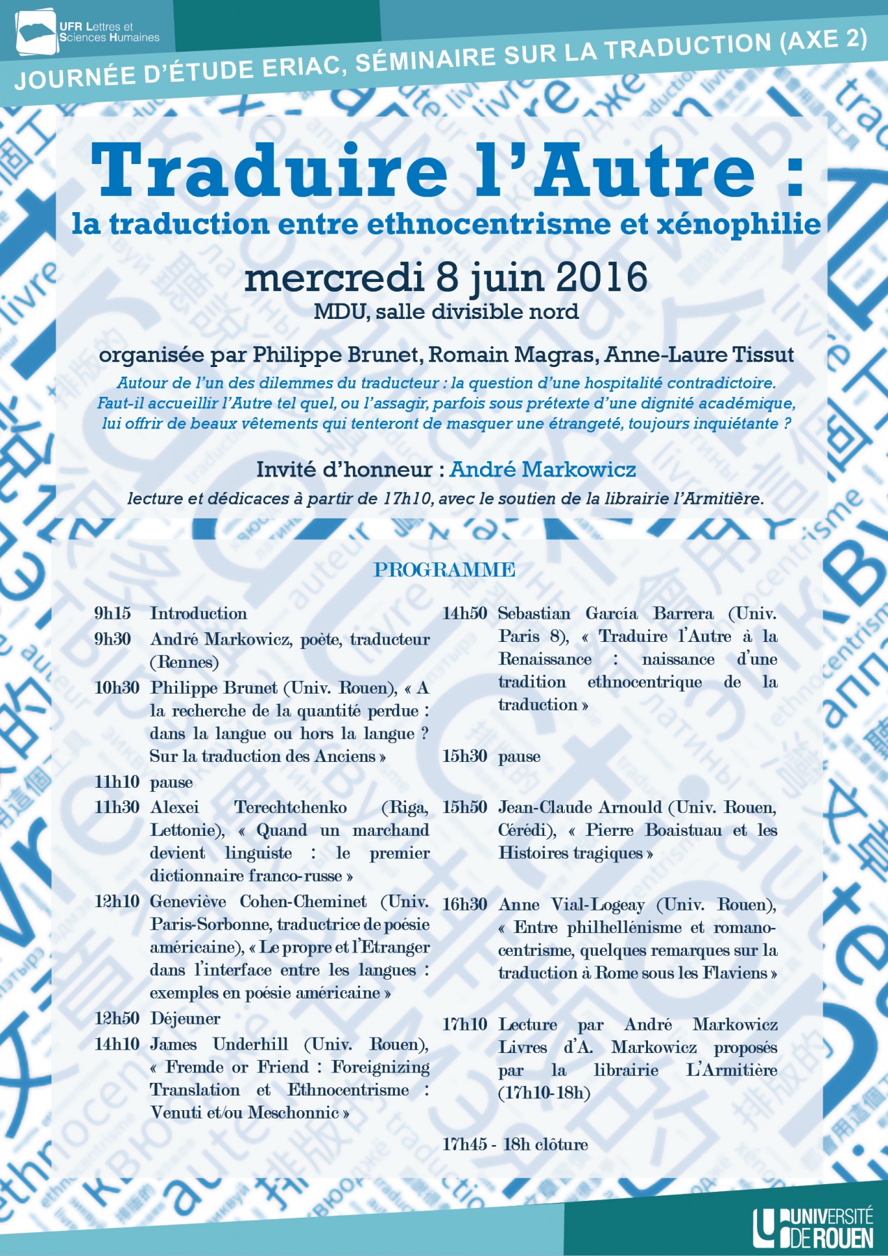 Affiche de la journée d'étude "Traduire l’Autre : la traduction entre ethnocentrisme et xénophilie"