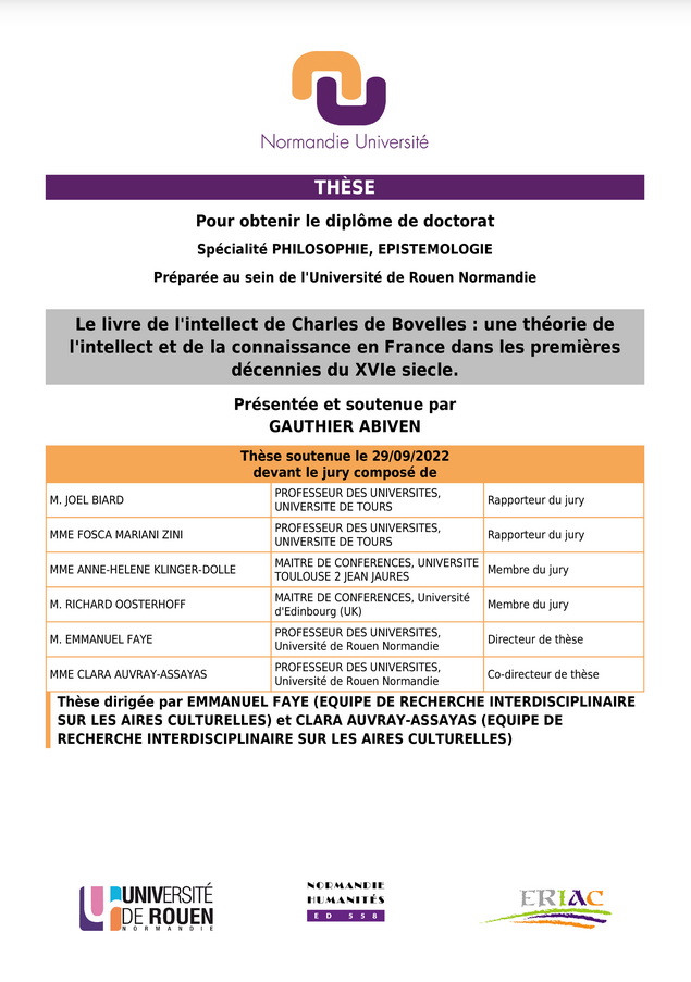 Affiche de la soutenance "Le Livre de l’intellect de Charles de Bovelles : une théorie de l’intellect et de la connaissance en France dans les premières décennies du XVIe siècle"