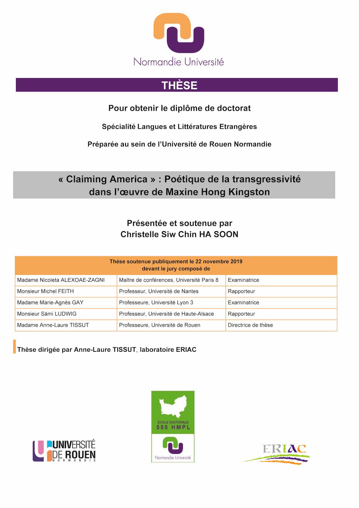 Affiche de la soutenance "« Claiming America » : Poétique de la transgressivité dans l’œuvre de Maxine Hong Kingston"