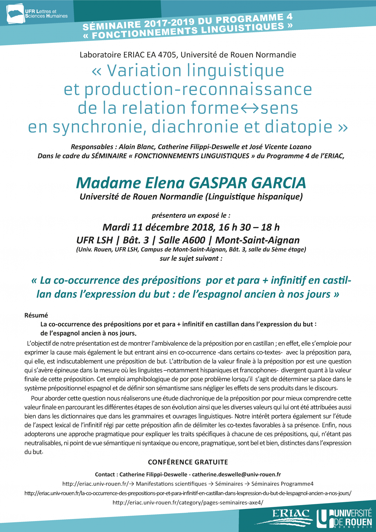 Affiche du séminaire "La co-occurrence des prépositions por et para + infinitif en castillan dans l’expression du but : de l’espagnol ancien à nos jours"