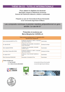Affiche de la soutenance "Les composés nominaux à premier membre prépositionnel en grec ancien. Le cas de ἐν°"