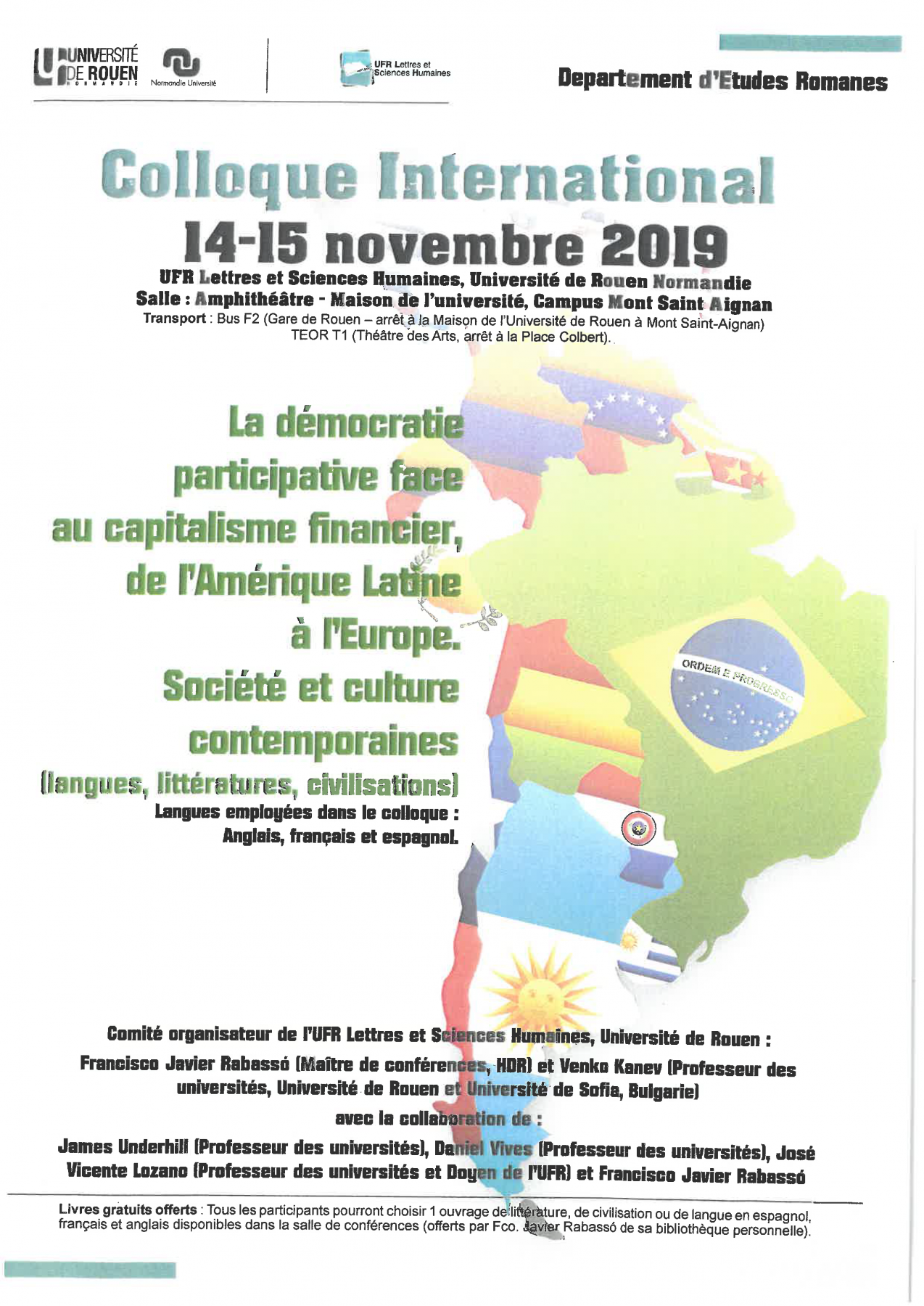 Affiche du colloque "La démocratie participative face au capitalisme financier, de l’Amérique Latine à l’Europe. Société et culture contemporaines (arts visuels et littérature)"