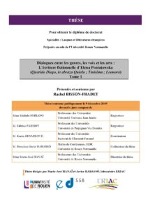 Affiche de la soutenance "Dialogues entre les genres, les voix et les arts : L’écriture fictionnelle d’Elena Poniatowska (Querido Diego, te abraza Quiela ; Tinísima ; Leonora)"