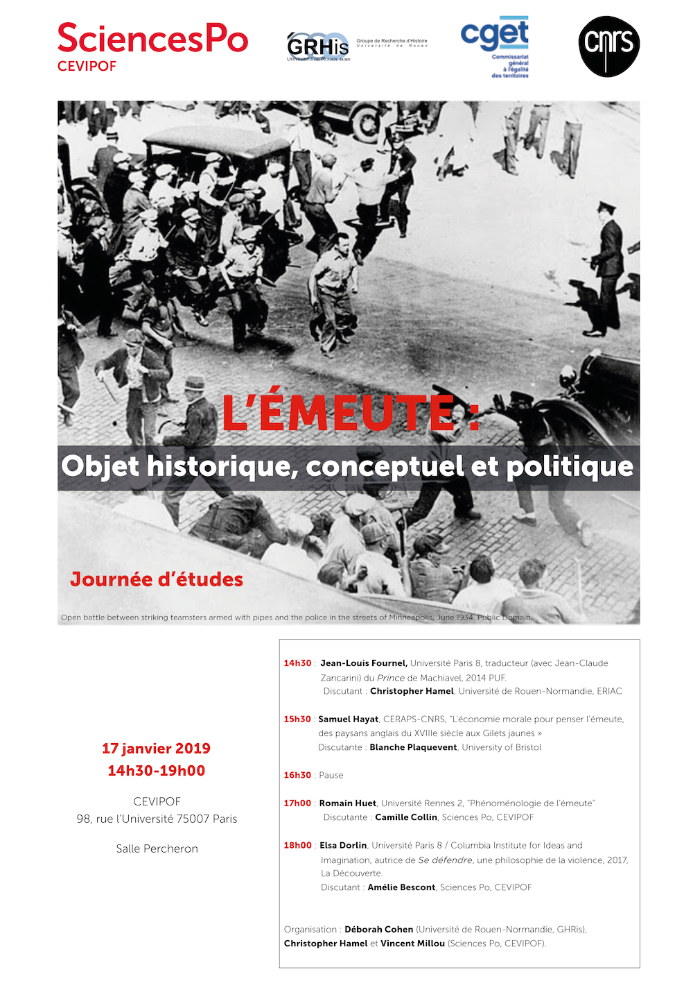 Affiche de la journée d'étude "L’émeute : objet historique, conceptuel et politique II"