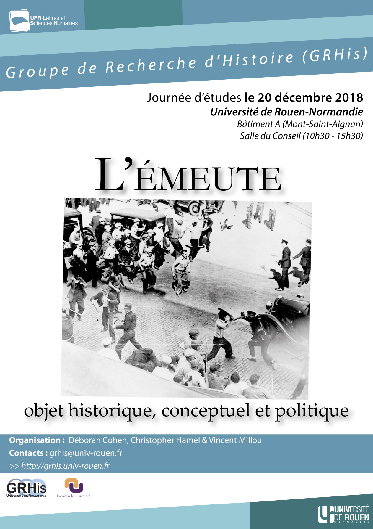Affiche de la journée d'étude "L’émeute : objet historique, conceptuel et politique"
