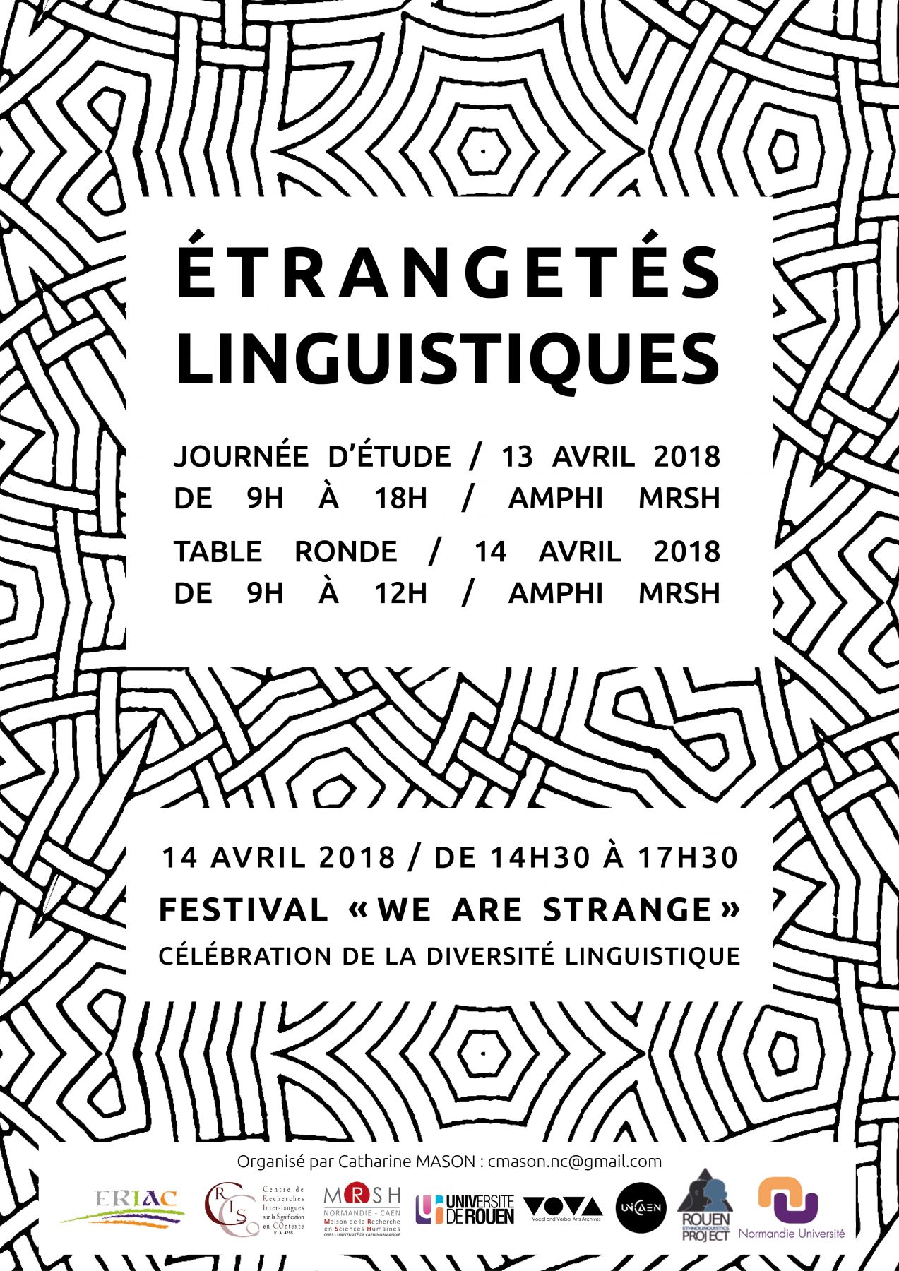 Affiche de la journée d'étude "« Étrangetés linguistiques » suivi du festival « We are strange » "