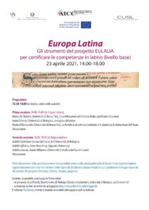Affiche de la journée d'étude "Europa Latina: Gli strumenti del progetto EULALIA per certificare le competenze in latino (Livello Base)"