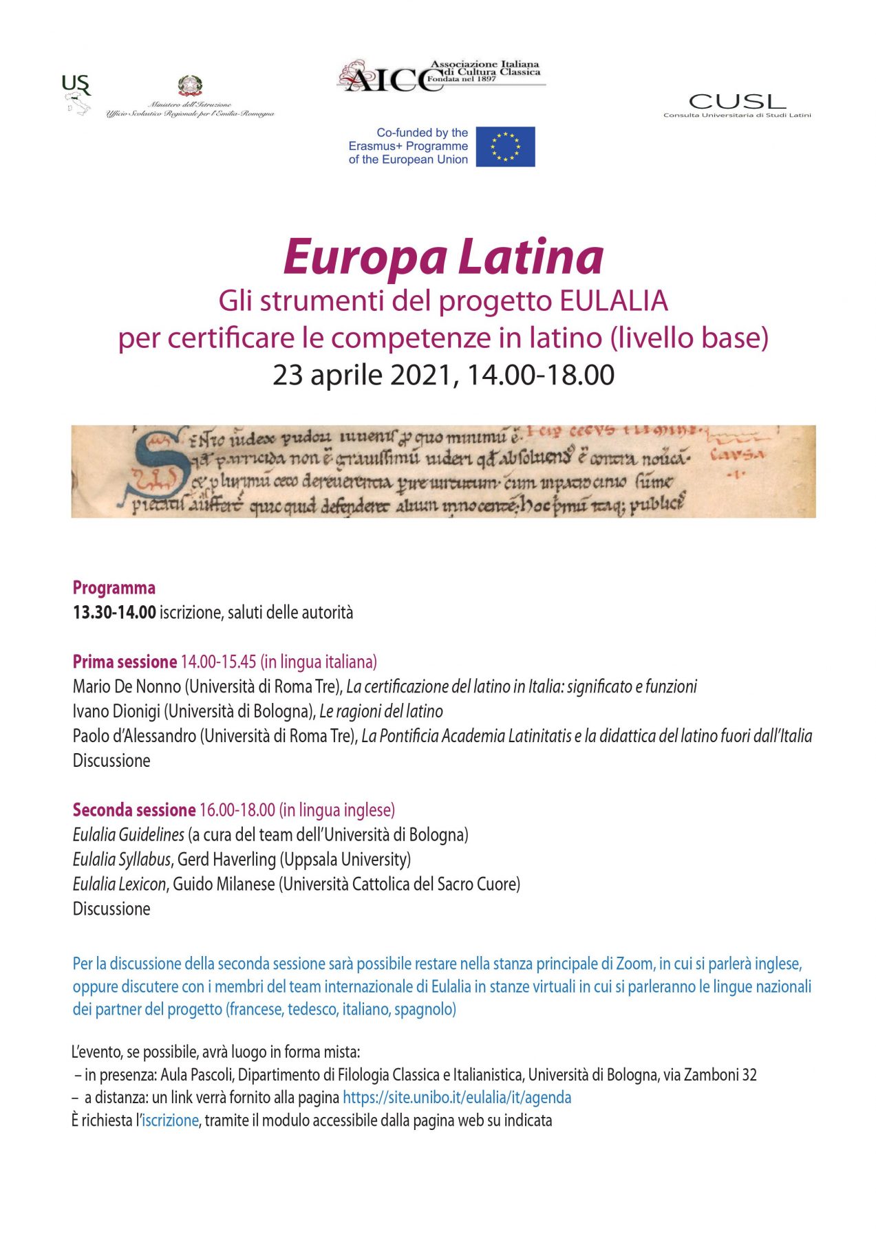 Affiche de la journée d'étude "Europa Latina: Gli strumenti del progetto EULALIA per certificare le competenze in latino (Livello Base)"