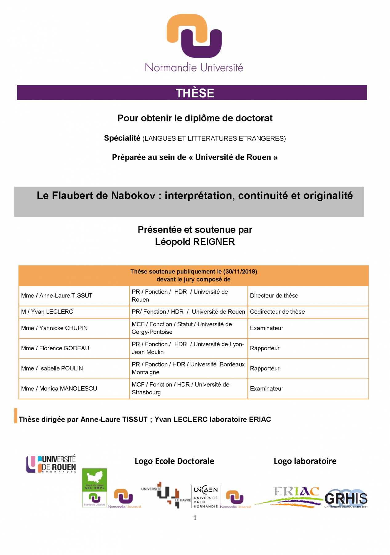 Affiche de la soutenance "Le Flaubert de Nabokov : interprétation, continuité et originalité"