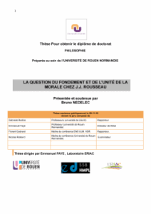 Affiche de la soutenance "La question du fondement et de l’unité de la morale chez Jean-Jacques Rousseau"
