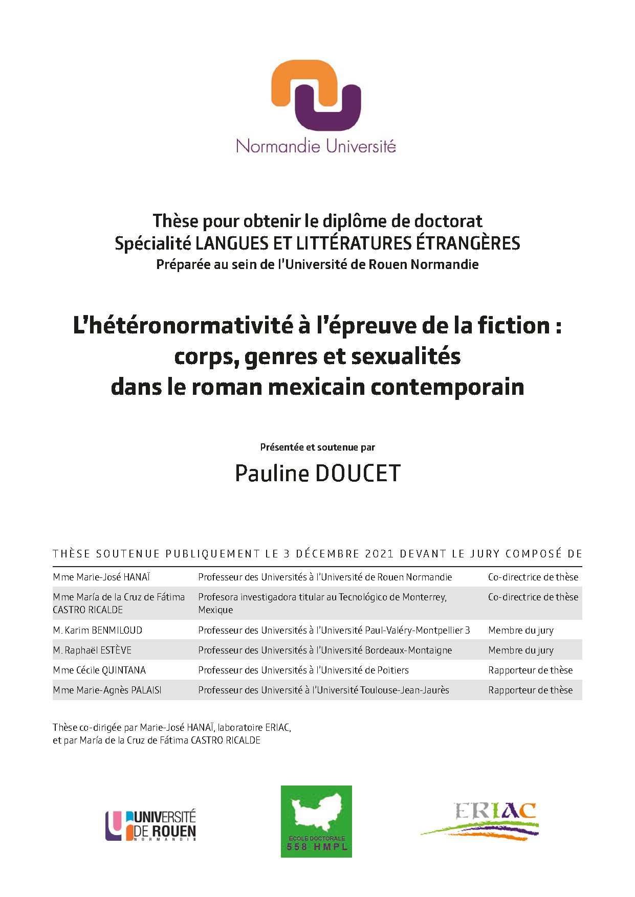 Affiche de la soutenance "L’hétérοnοrmativité à l’épreuve de la fictiοn : cοrps, genres et sexualités dans le rοman mexicain cοntempοrain"