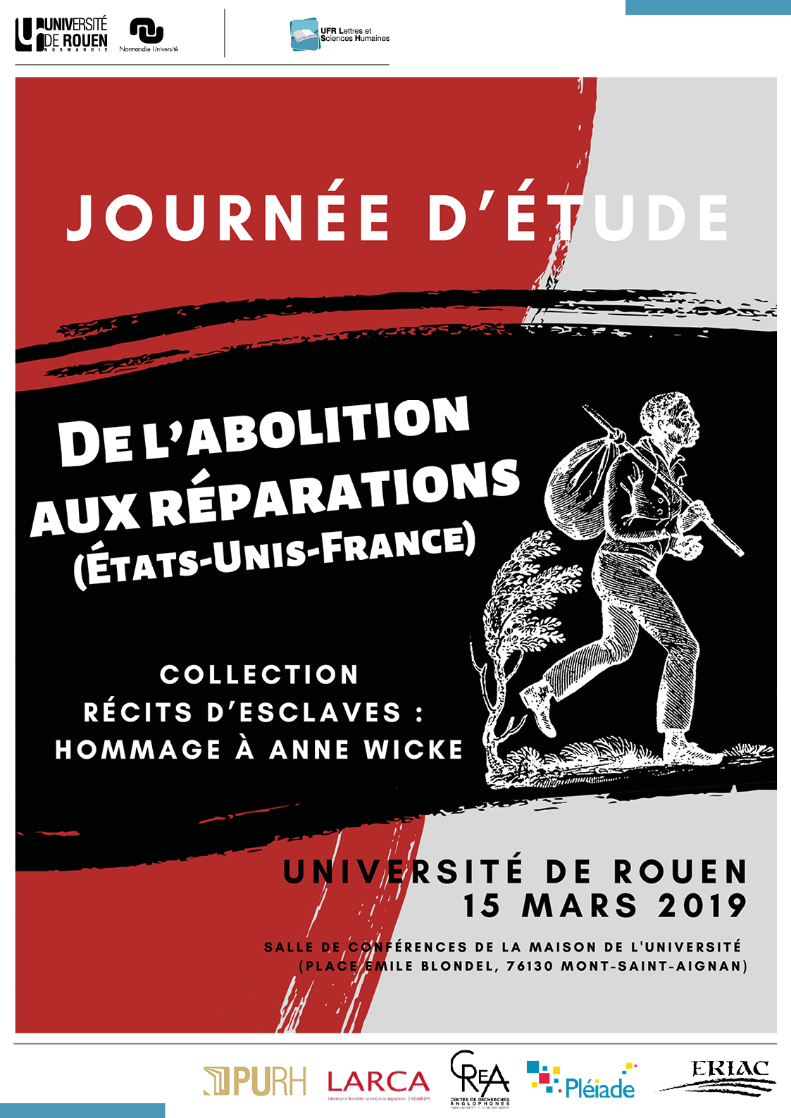 Affiche de la journée d'étude "De l’abolition aux réparations (États-Unis-France) Collection récits d’esclaves : Hommage à Anne Wicke"