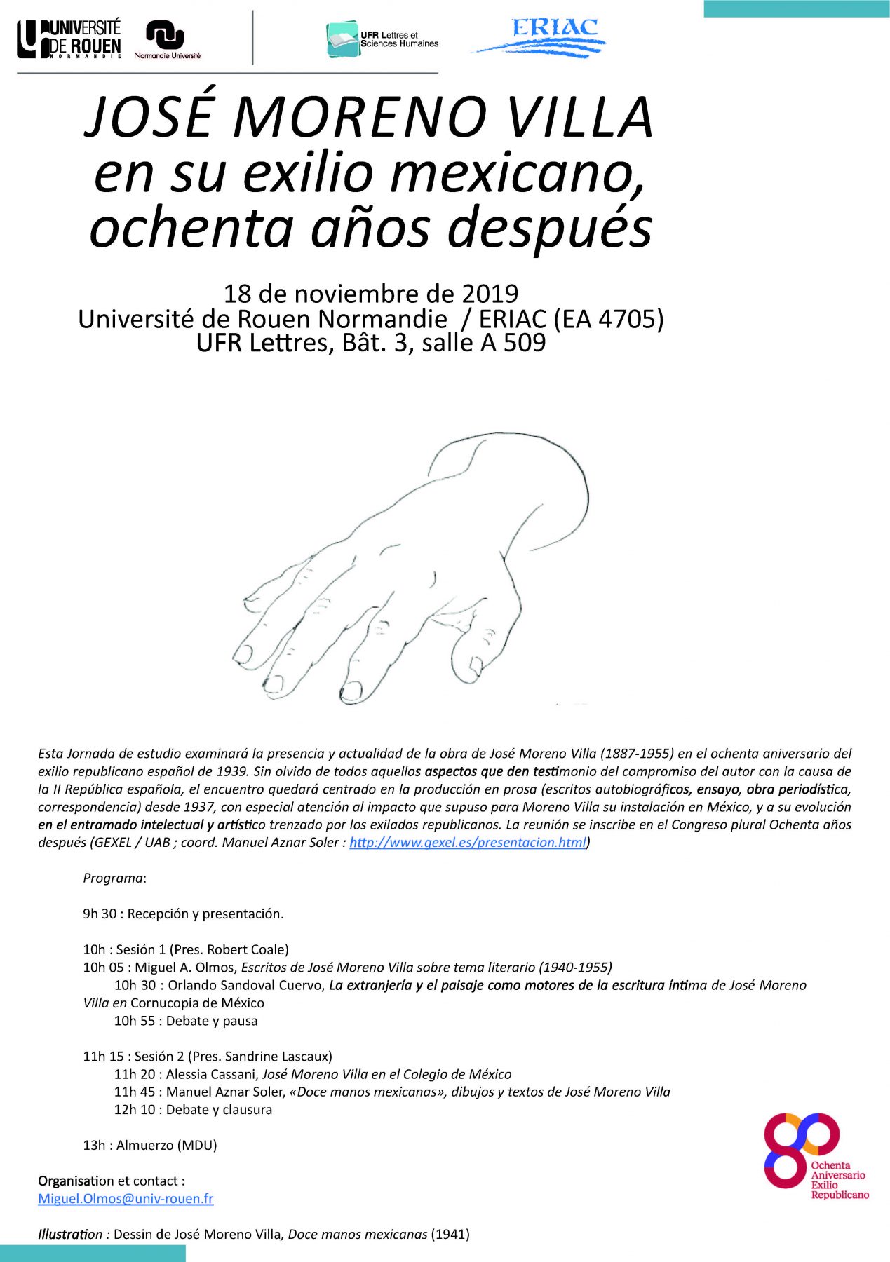 Affiche de la journée d'étude "José Moreno Villa en su exilio mexicano, ochenta años después"