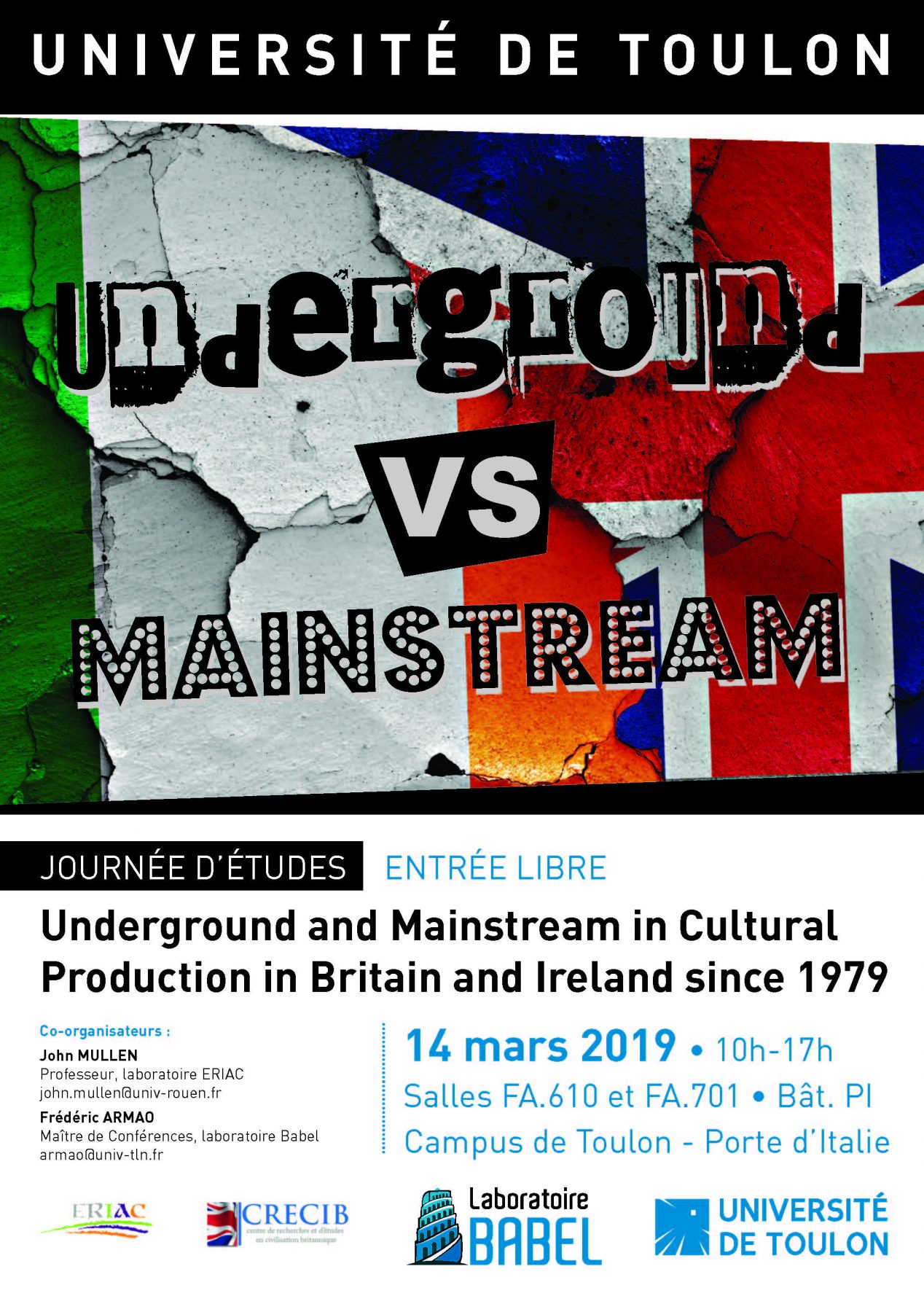Affiche de la journée d'étude "Underground and Mainstream in Cultural Production in Britain and Ireland since 1979"