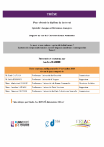 Affiche de la soutenance "La mort et son cadavre : qu’en dit la littérature ? Lectures du corps mort dans des cuentos hispano-américains contemporains"