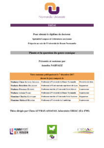 Affiche de la soutenance "Plaute et la question du genre comique"