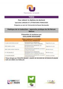 Affiche de la soutenance "Poétique de la traduction : approche pratique du Dé Rérum Natura"