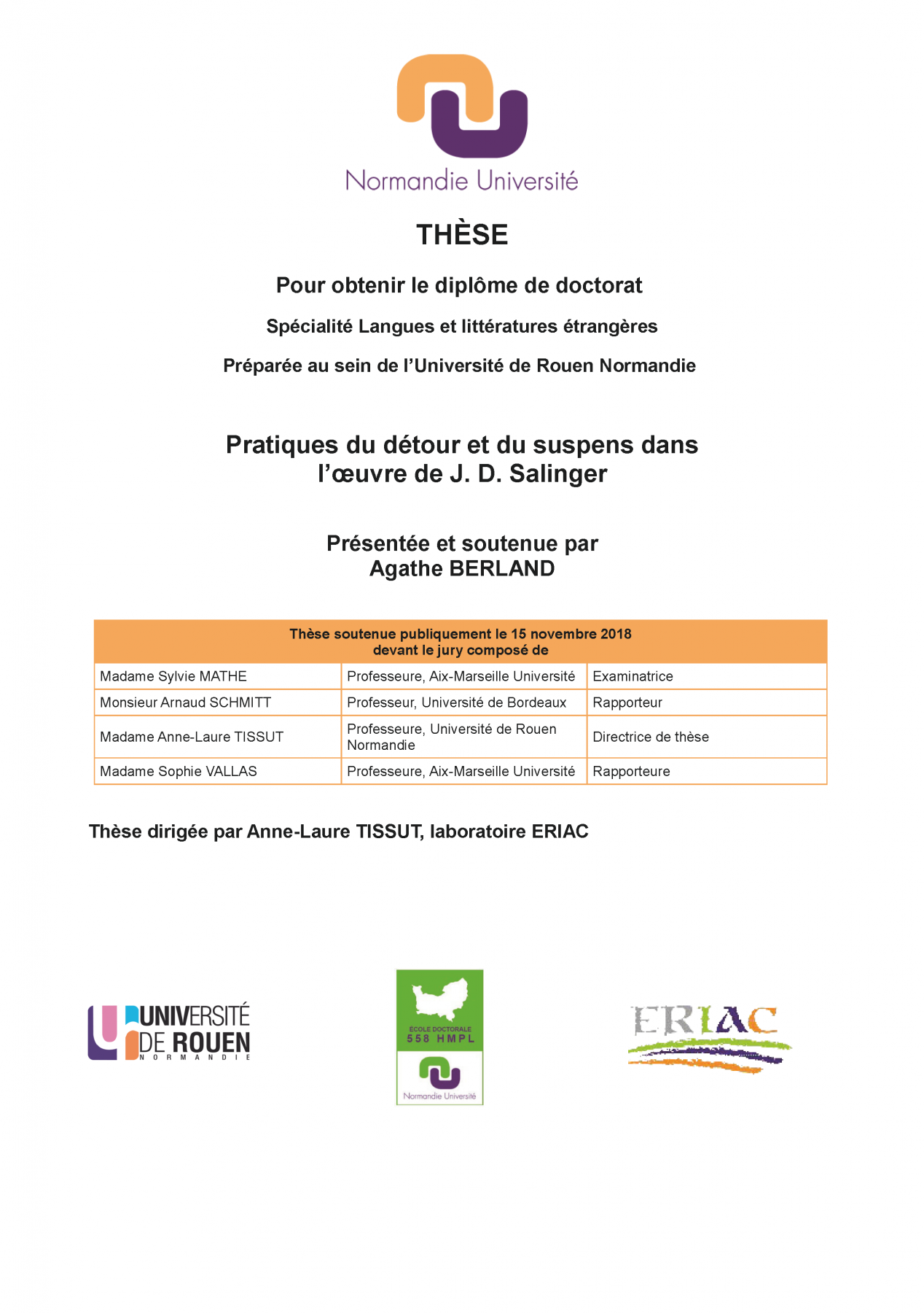 Affiche de la soutenance "Pratiques du détour et du suspens dans l’œuvre de J. D. Salinger"