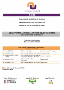 Affiche de la soutenance "Le rapport de l’homme à la nature selon Descartes. Métaphysique et morale"