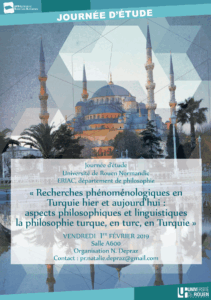Affiche de la journée d'étude "Recherches phénoménologiques en Turquie hier et aujourd’hui : aspects philosophiques et linguistiques la philosophie turque, en turc, en Turquie"
