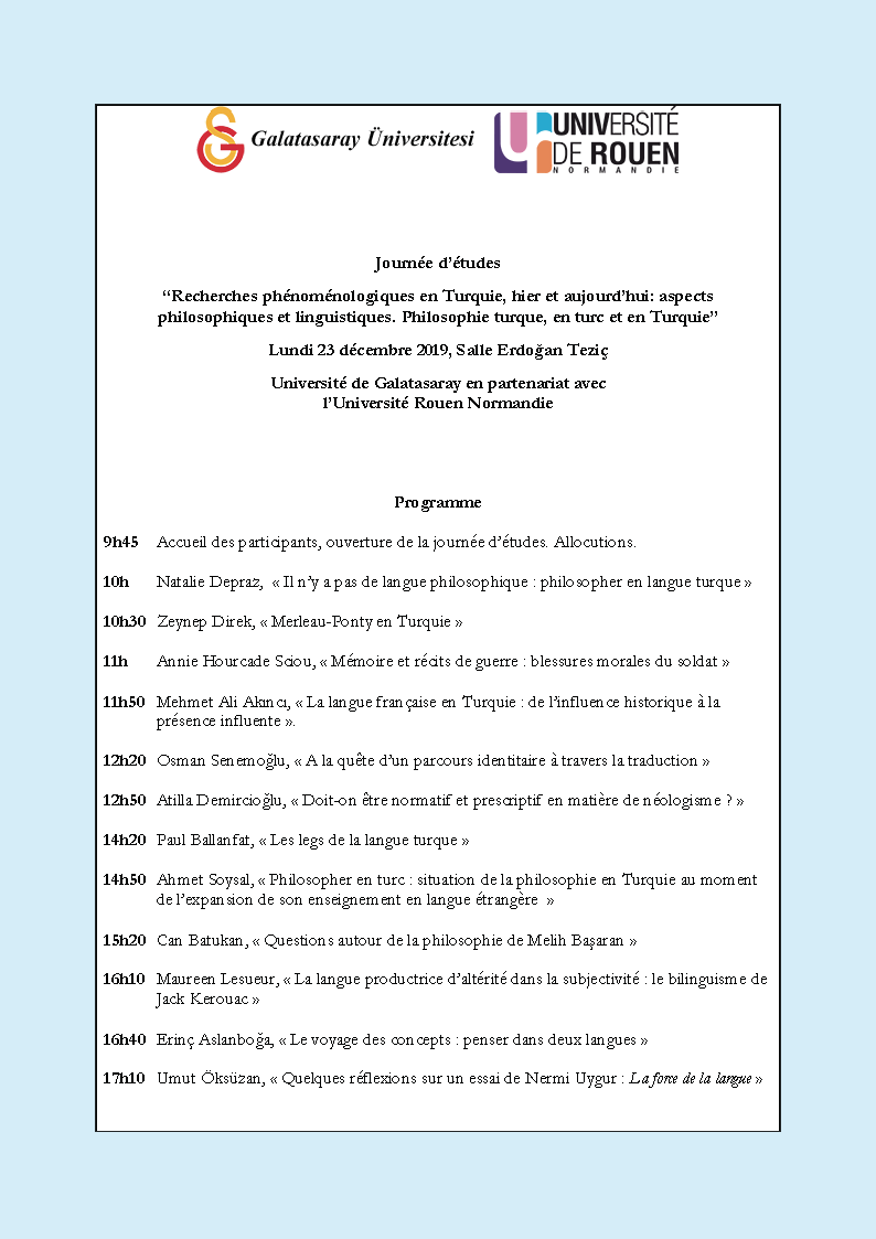 Affiche de la journée d'études "Recherches phénoménologiques en Turquie, hier et aujourd’hui: aspects philosophiques et linguistiques. Philosophie turque, en turc et en Turquie"