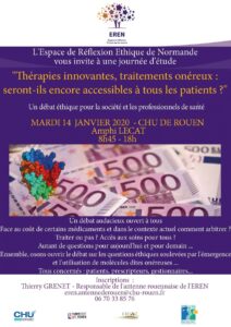 Affiche de la journée d'étude "Thérapies innovantes, traitements onéreux : seront-ils encore accessibles à tous les patients ? Un débat éthique pour la société et les professionnels de santé"