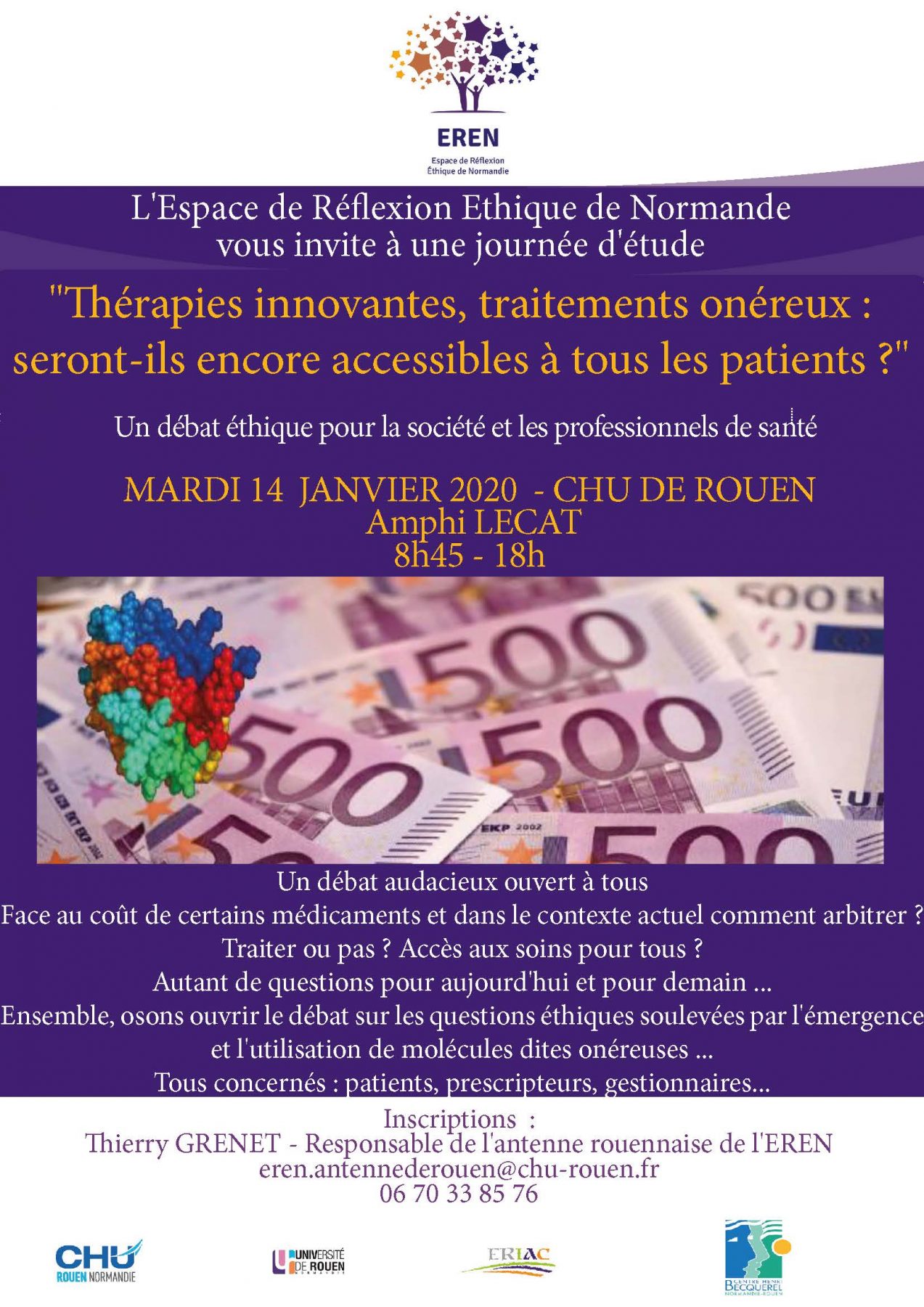 Affiche de la journée d'étude "Thérapies innovantes, traitements onéreux : seront-ils encore accessibles à tous les patients ? Un débat éthique pour la société et les professionnels de santé"