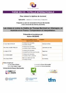 Affiche de la soutenance "Les mises en scène du théâtre de Thomas Bernhard en Allemagne, en Autriche et en France. Comparaison et interprétation."