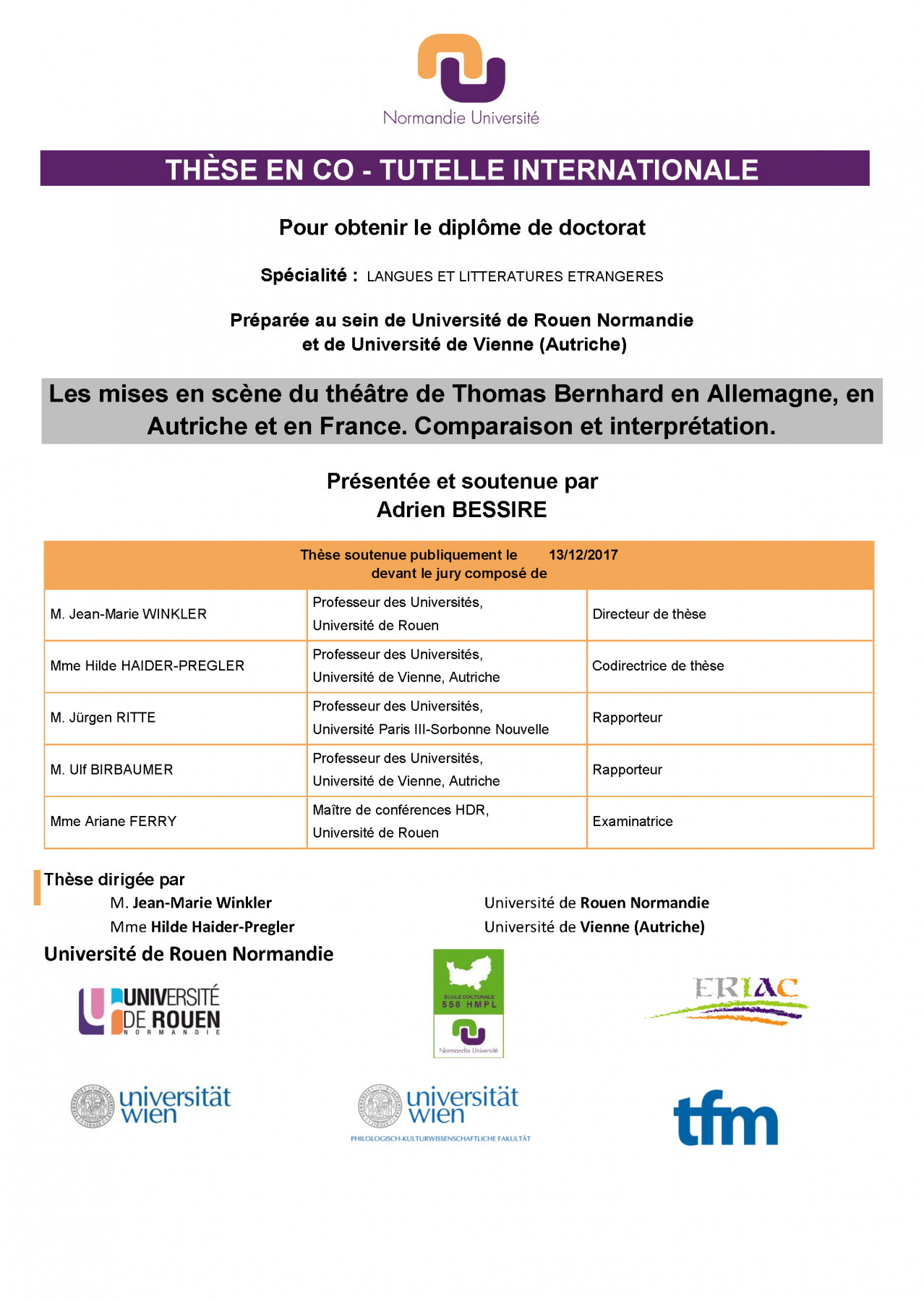 Affiche de la soutenance "Les mises en scène du théâtre de Thomas Bernhard en Allemagne, en Autriche et en France. Comparaison et interprétation."