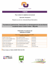 Affichage de la soutenance "Tourisme et patrimoines. Valorisation et développement des territoires insulaires de l’océan Indien : Mayotte "