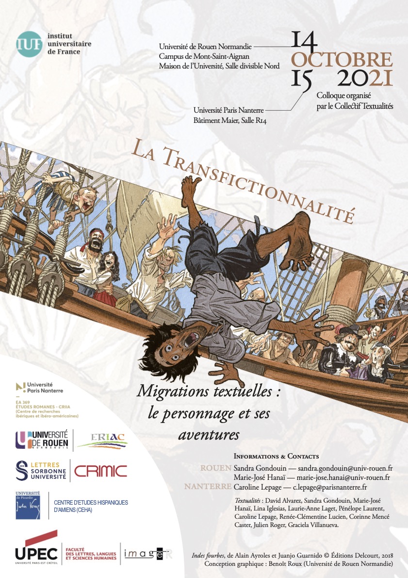 Affiche du colloque "La transfictionnalité. Migrations textuelles : le personnage et ses aventures"