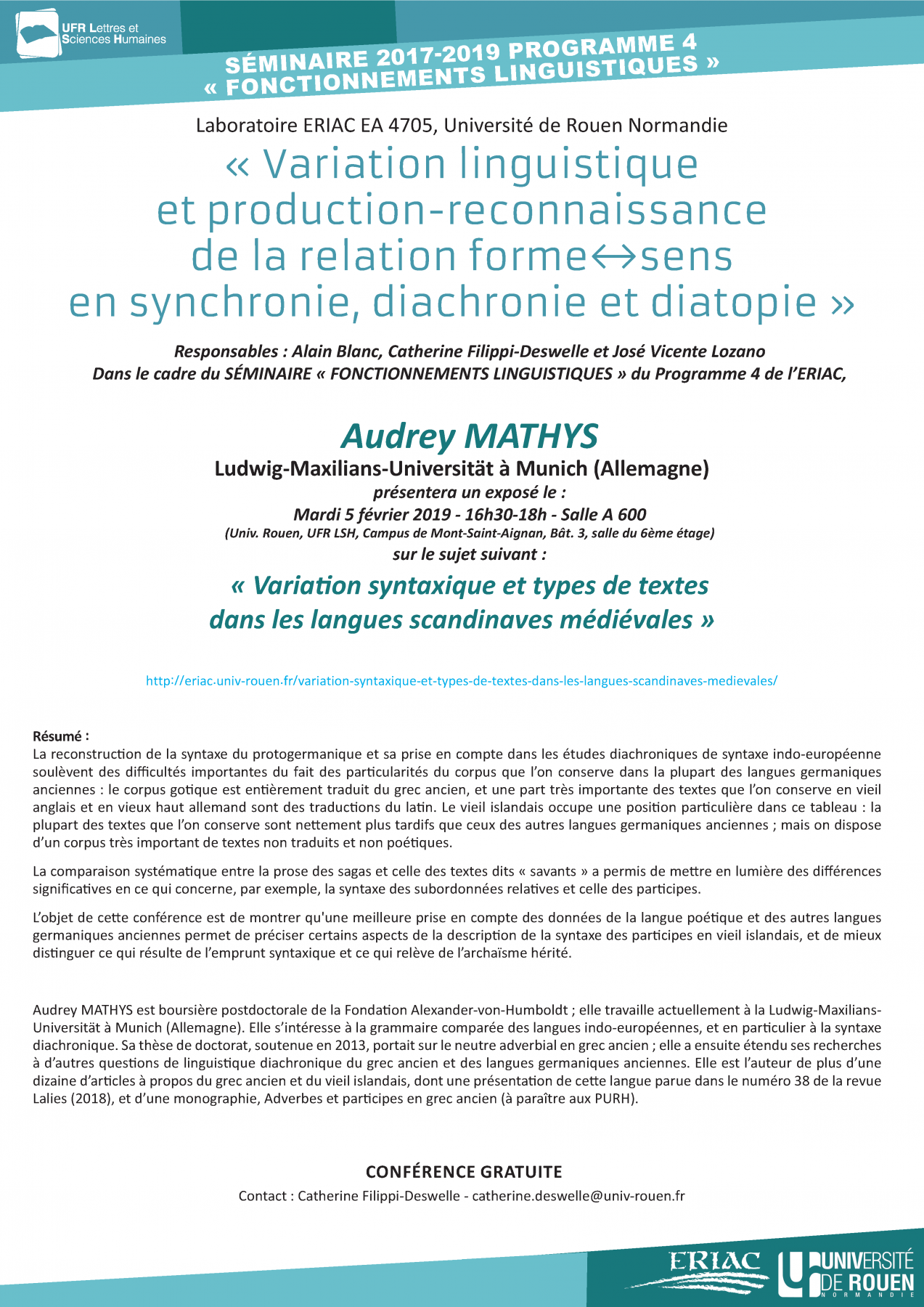 Affiche du séminaire "Variation syntaxique et types de textes dans les langues scandinaves médiévales"