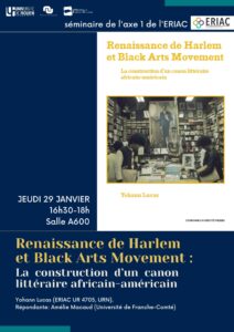 Affiche de la conférence "Renaissance de Harlem et Black Arts Movement : la construction d’un canon littéraire africain-américain"