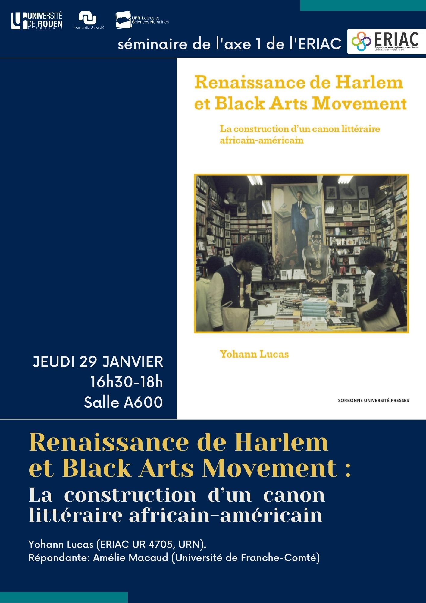 Affiche de la conférence "Renaissance de Harlem et Black Arts Movement : la construction d’un canon littéraire africain-américain"