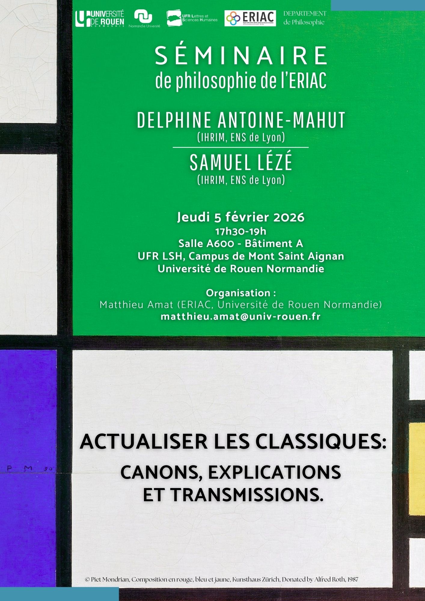 Affiche de la conférence "Actualiser les classiques : canons, explications, transmissions"